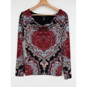 INC International‎ Concepts Petite Paisley Long Sleeve Top Blouse Sz S Red Black